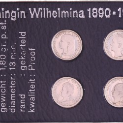 Herdenkingsset Gulden (mini replica's) Wilhelmina 1896, 1906, 1911 en 1938. Proof.