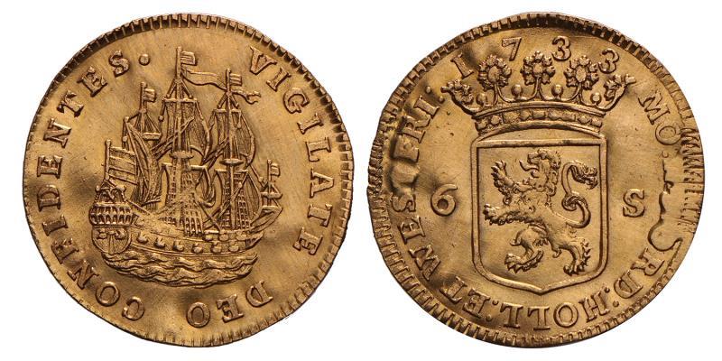 Scheepjesschelling van 6 Stuiver afslag in goud Holland 1733. Zeer Fraai / Prachtig (Montage).