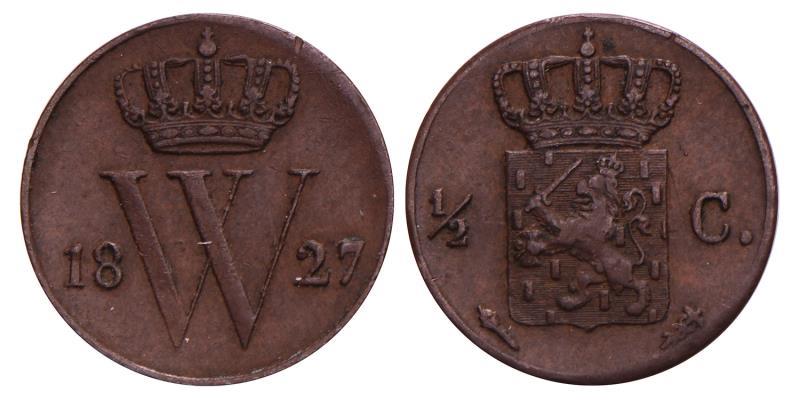 ½ Cent Willem I 1827 U. Fraai / Zeer Fraai.