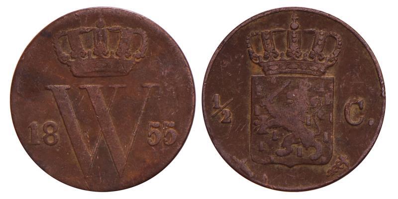 ½ Cent  Willem III 1855. Fraai.