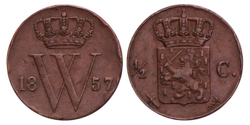 ½ Cent  Willem III 1857. Fraai / Zeer Fraai.