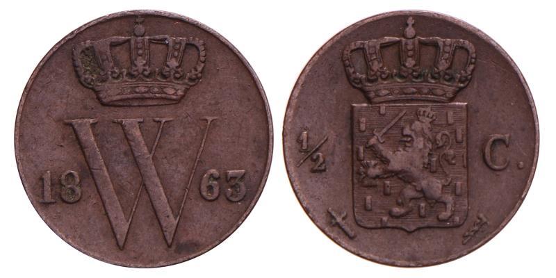 ½ Cent Willem III 1863. Zeer Fraai.