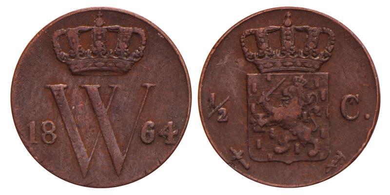 ½ Cent Willem III 1864. Fraai / Zeer Fraai.