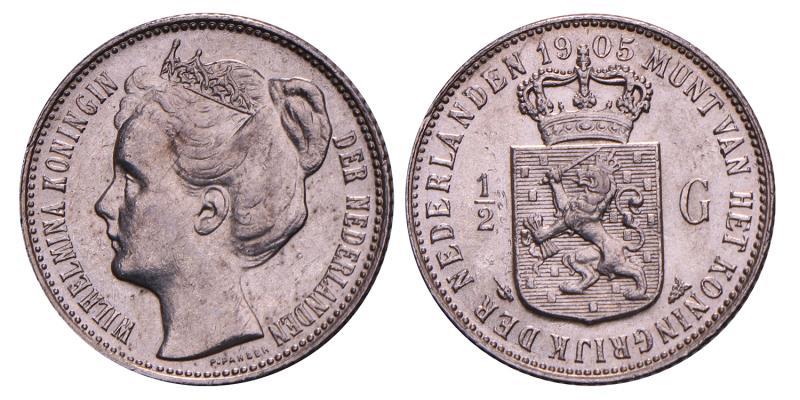 ½ Gulden Wilhelmina 1905. Prachtig.