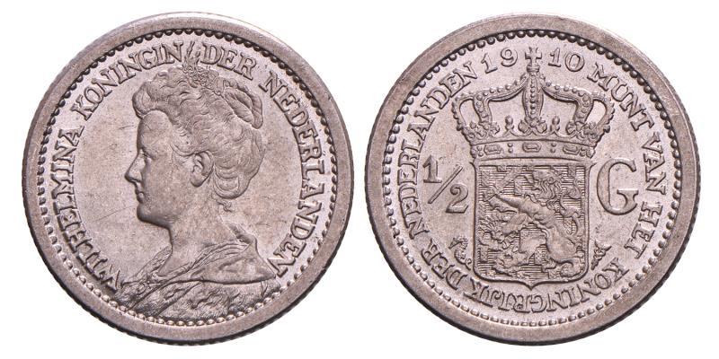 ½ Gulden Wilhelmina 1910. Prachtig.