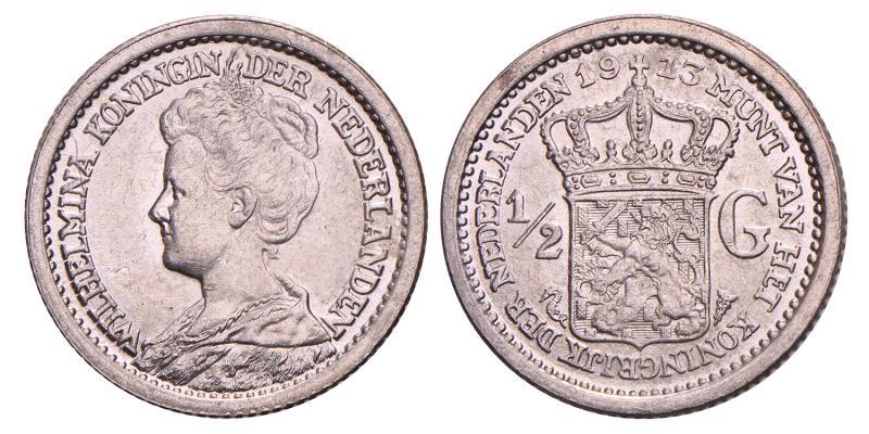 ½ gulden Wilhelmina 1913. Prachtig -.