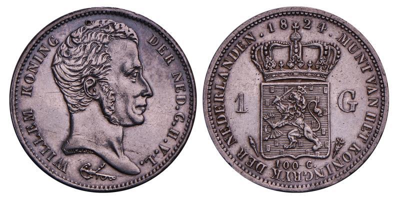 1 Gulden Willem I 1824 U streep. Prachtig + (Gietgal, opgewreven).