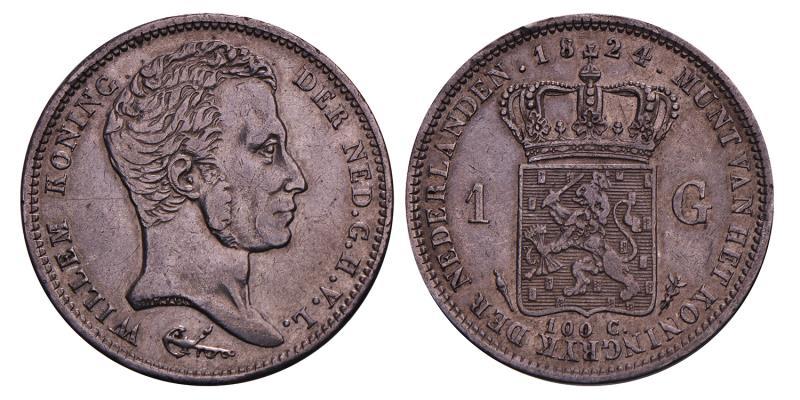 1 Gulden Willem I 1824 U zonder streep. Zeer Fraai -.