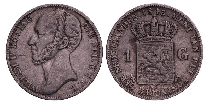 1 Gulden Willem II 1843. Fraai / Zeer Fraai.