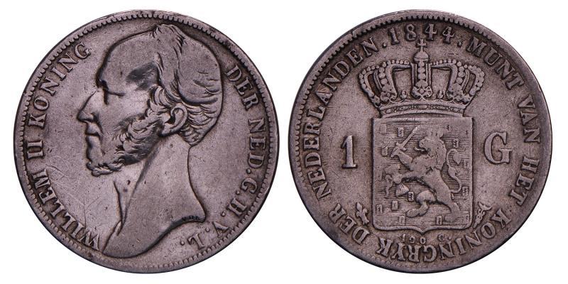 1 Gulden Willem II 1844. Fraai +.