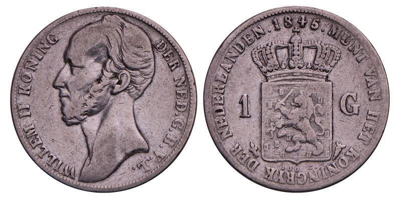 1 Gulden Willem II 1845 zonder streep. Fraai.