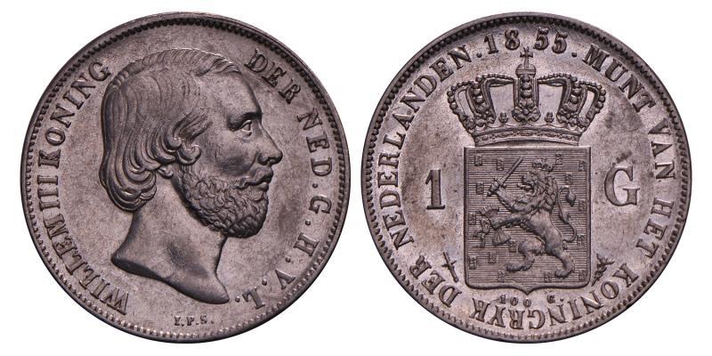 1 Gulden Willem III 1855. Prachtig +.