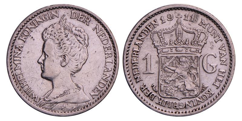 1 Gulden Wilhelmina 1911. Zeer Fraai +.