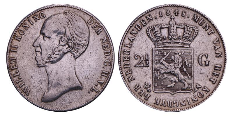 2½ Gulden Willem II 1845 zonder streep. Fraai / Zeer Fraai.