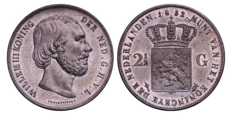 2½ Gulden Willem III 1852 zonder punt tussen I en P. Prachtig / FDC.