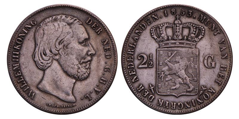 2½ Gulden Willem III 1853. Fraai.