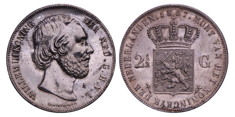 2½ Gulden Willem III 1857. Zeer Fraai + (gepoetst).
