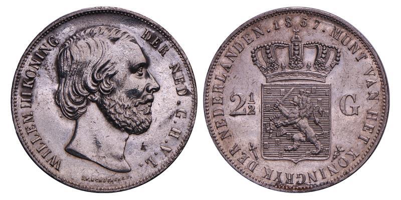 2½ Gulden Willem III 1857. Zeer Fraai + (gepoetst).