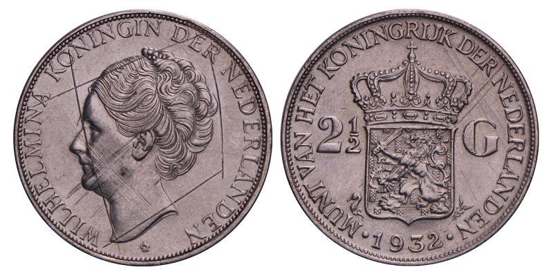 2½ Gulden Wilhelmina 1932 Grofhaar. Zeer Fraai + (Bekrast).