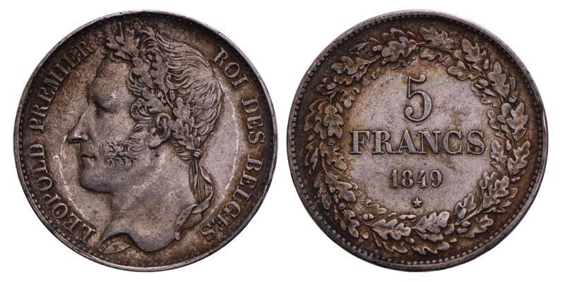 Belgium. Leopold I.  5 Francs. 1849.