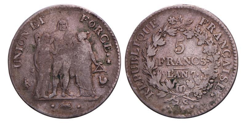 France (Republic). Napoleon as First Consul.  5 Francs. An 7 (1798/9) A.