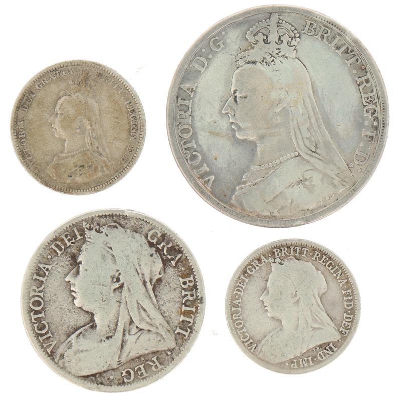 Great-Britain. Victoria. Lot (4) Crown (1889), ½ Crown (1897) 1 Shilling (1887) and 1 Shilling (1899). .