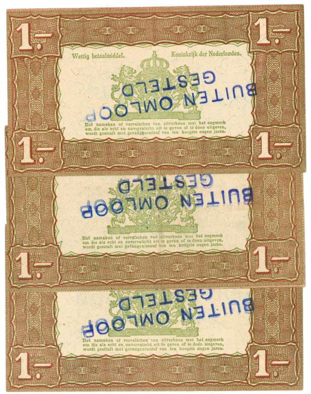 Nederland. 3x 1 gulden. Zilverbon. Type 1938. - Zeer Fraai / Prachtig.