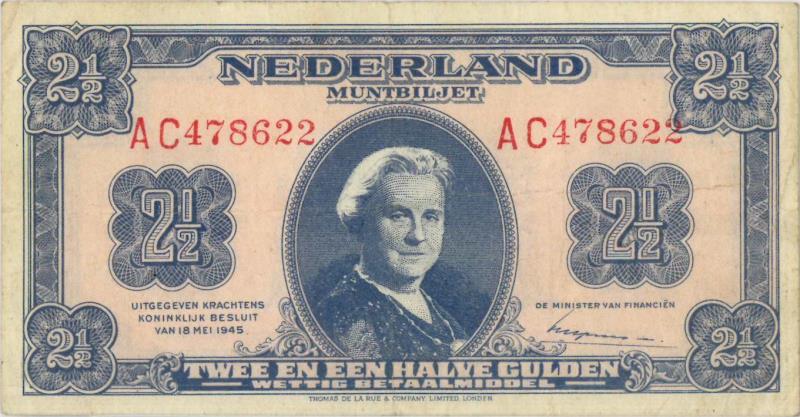 Nederland. 2½ gulden. Muntbiljet. Type 1945. - Zeer Fraai / Prachtig.