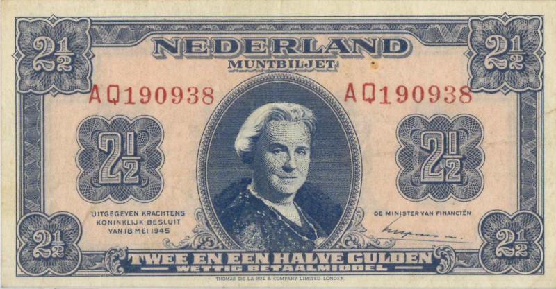 Nederland. 2½ gulden. Muntbiljet. Type 1945. - Zeer Fraai +.