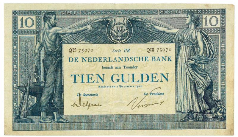 Nederland. 10 gulden. Bankbiljet. Type 1920. Arbeid en welvaart - Zeer Fraai.