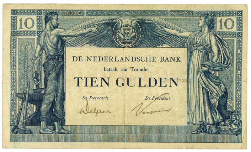 Nederland. 10 gulden. Bankbiljet. Type 1921. Arbeid en welvaart - Zeer Fraai -.