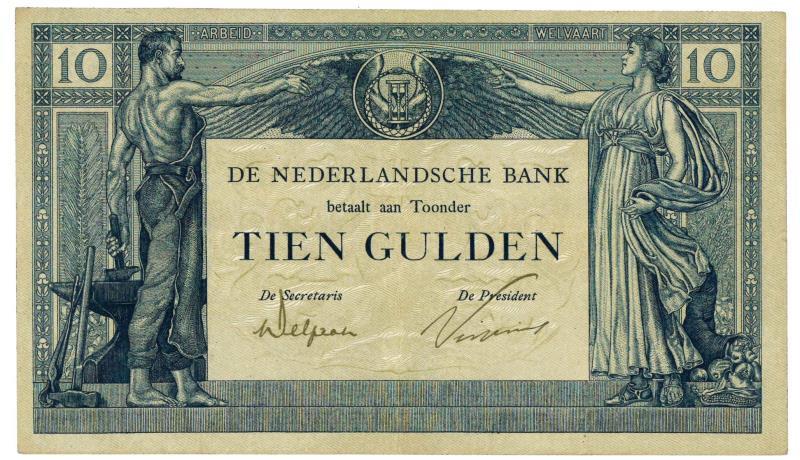 Nederland. 10 gulden. Banknote. Type 1922. Arbeid en welvaart II - Zeer Fraai +.