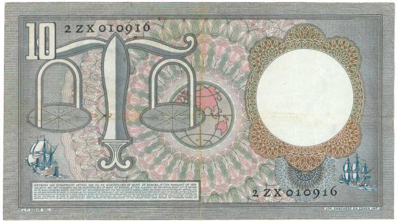 Nederland. 10 gulden. Bankbiljet. Type 1953. Hugo de Groot - Fraai / Zeer Fraai.