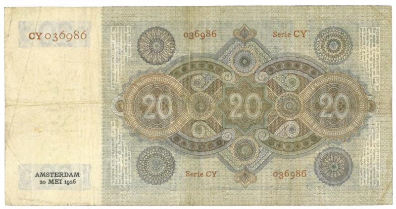 Nederland. 20 gulden. Bankbiljet. Type 1926. Stuurman - Fraai / Zeer Fraai.