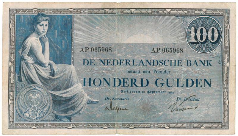 Nederland. 100 gulden. Bankbiljet. Type 1924. Grietje seel - Fraai / Zeer Fraai.