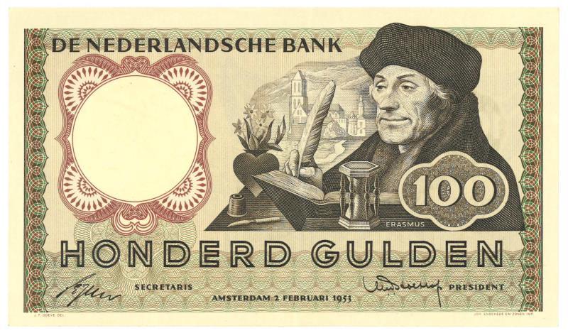 Nederland. 100 gulden. Bankbiljet. Type 1953. Erasmus - Zeer Fraai +.