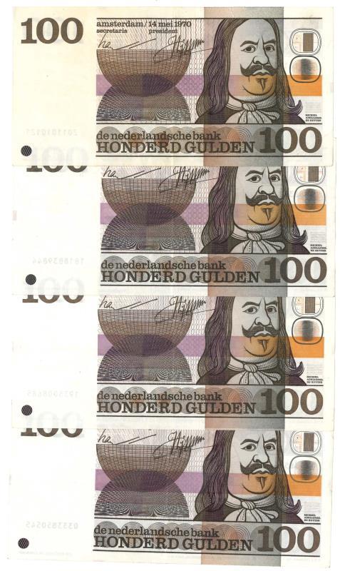 Nederland. 4x 100 gulden. Bankbiljet. Type 1970. De Ruyter - Zeer Fraai.