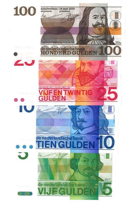 Nederland. 5, 10, 25 en 100 gulden. Bankbiljet. Type 1968-1973. Vondel, Frans Hals, Sweelinck en De Ruyter - Prachtig.