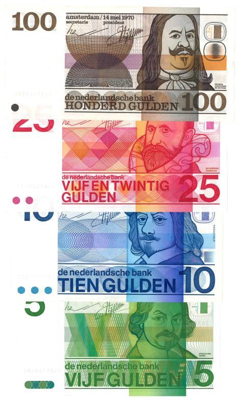 Nederland. 5, 10, 25 en 100 gulden. Bankbiljet. Type 1968-1973. Vondel, Frans Hals, Sweelinck en De Ruyter - Prachtig.