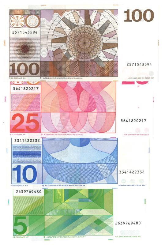 Nederland. 5, 10, 25 en 100 gulden. Bankbiljet. Type 1968-1973. Vondel, Frans Hals, Sweelinck en De Ruyter - Prachtig.