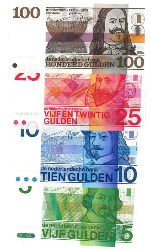 Nederland. 5, 10, 25 en 100 gulden. Bankbiljet. Type 1968-1973. Vondel, Frans Hals, Sweelinck en De Ruyter - Prachtig.