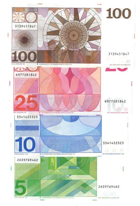 Nederland. 5, 10, 25 en 100 gulden. Bankbiljet. Type 1968-1973. Vondel, Frans Hals, Sweelinck en De Ruyter - Prachtig.