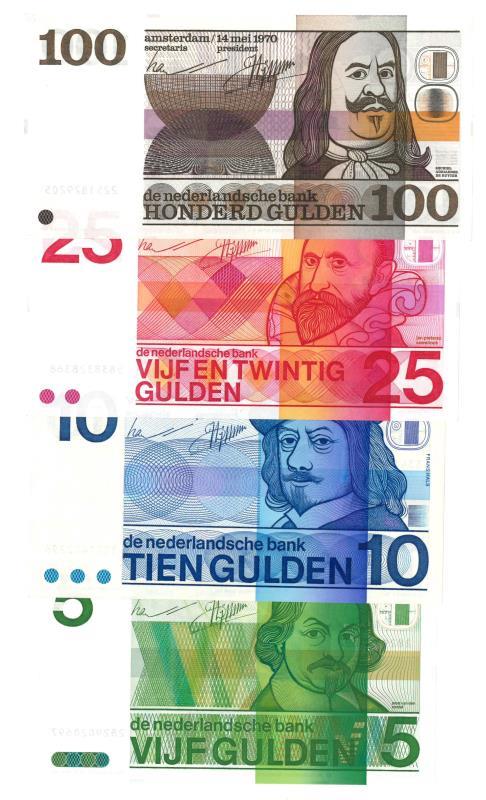 Nederland. 5, 10, 25 en 100 gulden. Bankbiljet. Type 1968-1973. Vondel, Frans Hals, Sweelinck en De Ruyter - Prachtig.