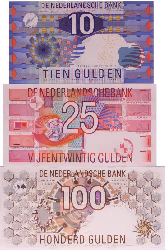 Nederland. 10, 25 en 100 gulden. Bankbiljet. Type 1989-1997. IJsvogel, Roodborstje en Steenuil - Prachtig.