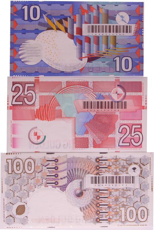 Nederland. 10, 25 en 100 gulden. Bankbiljet. Type 1989-1997. IJsvogel, Roodborstje en Steenuil - Prachtig.