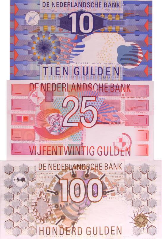 Nederland. 10, 25 en 100 gulden. Bankbiljet. Type 1989-1997. IJsvogel, Roodborstje en Steenuil - Prachtig.