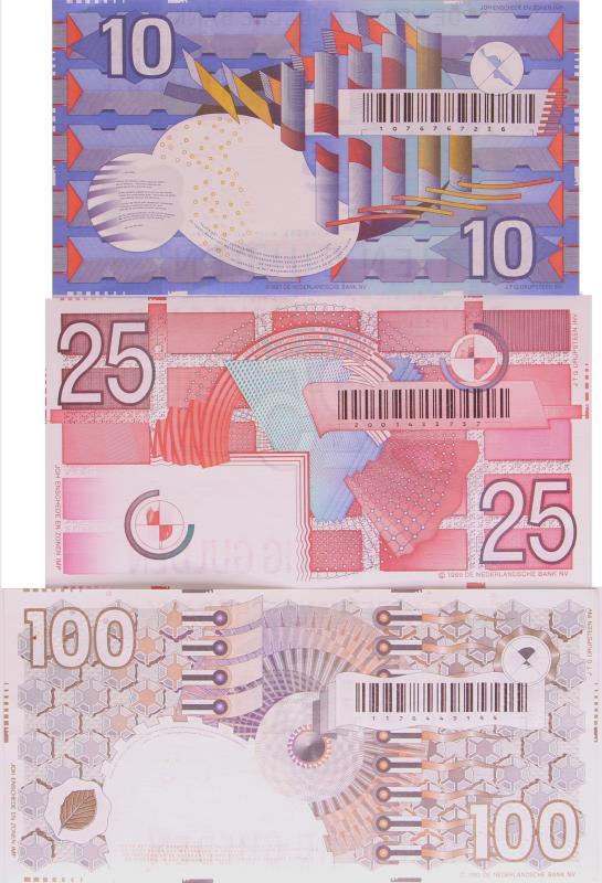 Nederland. 10, 25 en 100 gulden. Bankbiljet. Type 1989-1997. IJsvogel, Roodborstje en Steenuil - Prachtig.