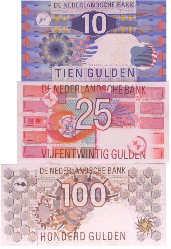 Nederland. 10, 25 en 100 gulden. Bankbiljet. Type 1989-1997. IJsvogel, Roodborstje en Steenuil - Prachtig.