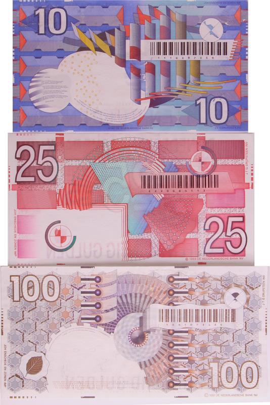 Nederland. 10, 25 en 100 gulden. Bankbiljet. Type 1989-1997. IJsvogel, Roodborstje en Steenuil - Prachtig.