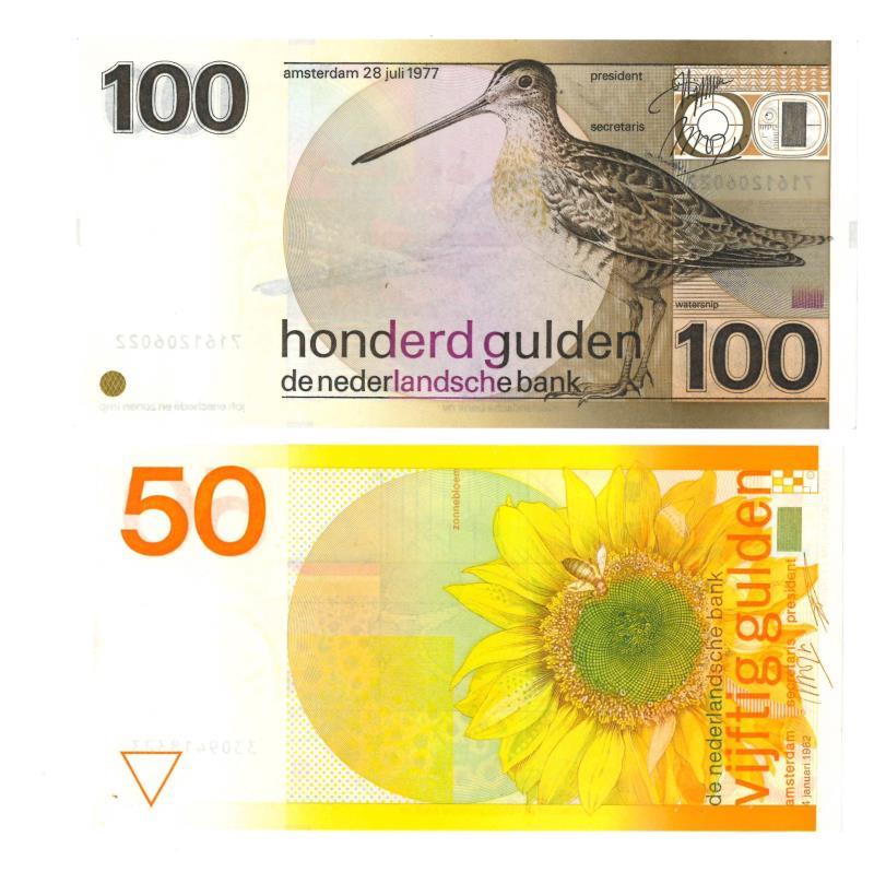 Nederland. 50 en 100 gulden. Bankbiljet. Type 1977-1982. Zonnebloem en Snip - Prachtig.